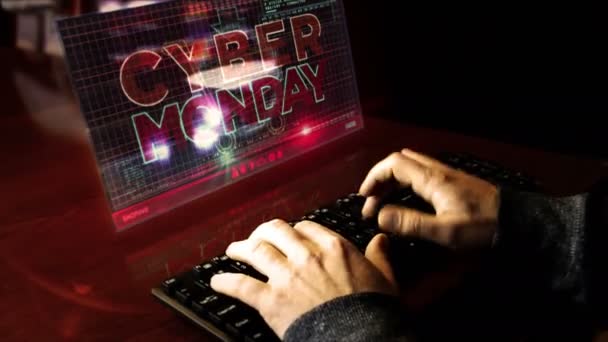 Hacker Digitando Teclado Com Cyber Monday Exibição Virtual Mesa Hot — Vídeo de Stock