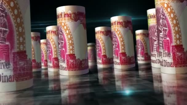 イラクディナールはループ3Dアニメーションを展開する テーブルの上のお金 ビジネス 不況というシームレスでループ可能な抽象的な概念 Iqdロール銀行券の間のカメラ — ストック動画