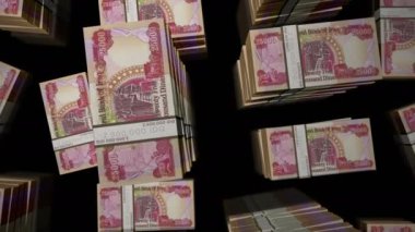 Irak Dinarı para paketi döngüsü. IQD banknotları üzerindeki uçuş üst görünümü destekler. Üç boyutlu, kusursuz bir animasyon. Ekonomi, kriz, iş ve finans konsepti.