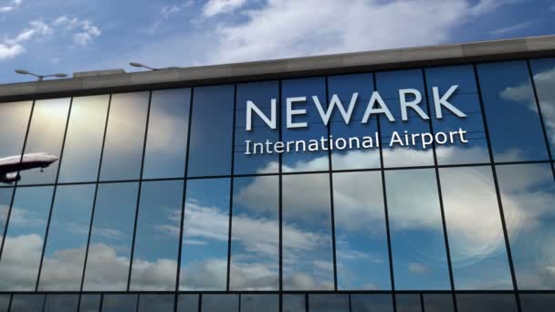 Newark New Jersey Iniş Yapan Uçak Animasyon Yapıyor Cam Havaalanı — Stok video