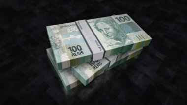 Brezilya gerçek para yığını. Brezilya 'da ekonomi, bankacılık, iş, kriz, durgunluk, borç ve finans kavramları. 100 BRL banknotları canlandırmayı desteler.