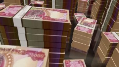 Irak Dinarı 'nın para paketleri döngüsü. IQD banknotları üzerinde 3D uçuş kuleleri yığar. Döngüsüz, soyut iş dünyası, ekonomi krizi ve finans kavramı.