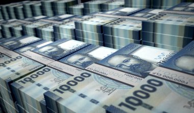 Şili Pezosu 'nun para paketi 3D resim. CLP banknot desteleri. Maliye, nakit, ekonomi krizi, iş başarısı, durgunluk, banka, vergi ve borç kavramı.