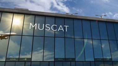 Muscat, Umman 3D 'ye inen uçak animasyon yapıyor. Cam havaalanı terminali ve jet uçağının yansımasıyla şehre vardık. Seyahat, iş, turizm ve ulaşım kavramı.