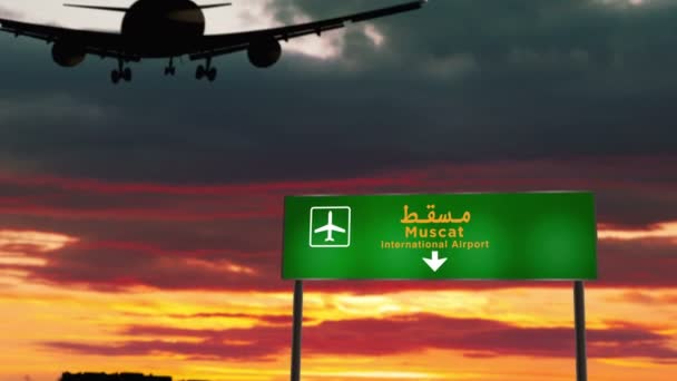 Sylwetka Samolotu Ląduje Muscat Oman Przyjazd Lotniska Kierunku Szyld Zachód — Wideo stockowe