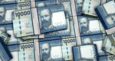 Şili Pezosu 3 boyutlu animasyonu finanse ediyor. Kamera görüntüsü şehirlerarası. CLP para paketleri. Enflasyon, ekonomi, kriz, iş, bankacılık, borç ve finans kavramı.