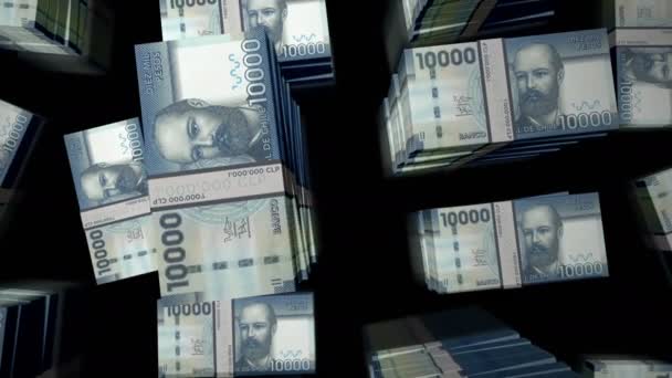 Chile Pesos Money Pack Schleife. Flug über CLP-Banknoten stapelt sich von oben. 3D loopable nahtlose Animation. Abstraktes Hintergrundkonzept von Wirtschaft, Krise, Wirtschaft und Finanzen.