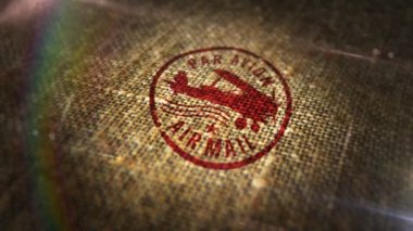 Doğal keten çuvalında hava postası damgası. Retro par avion posta ve havayolu ekspres posta damgası tasarlanmış soyut kavram. Döngüsüz ve kusursuz animasyon.