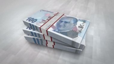 Türk lira para yığını. Türkiye 'de ekonomi, bankacılık, işletme, kriz, durgunluk, borç ve finans konularının kavramını kabul edin. 100 banknot animasyonu desteler.
