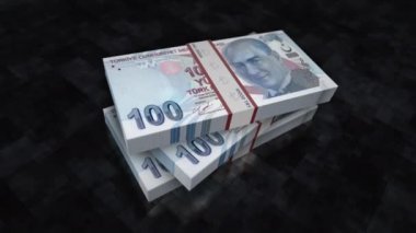 Türk lira para yığını. Türkiye 'de ekonomi, bankacılık, işletme, kriz, durgunluk, borç ve finans konularının kavramını kabul edin. 100 banknot animasyonu desteler.
