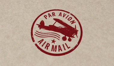 Hava Postası pul simgelerinin birkaç renkli versiyonu. Retro par avion posta postası teslimatı ve hava postası posta damgası konsepti 3D resimleme.