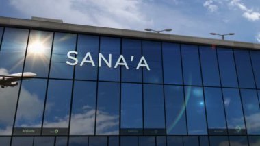 Sana 'a, Sanaa, Yemen 3D' ye inen uçak animasyon yapıyor. Cam havaalanı terminali ve jet uçağının yansımasıyla şehre vardık. Seyahat, iş, turizm ve ulaşım kavramı.