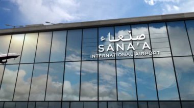 Sana 'a, Sanaa, Yemen 3D' ye inen uçak animasyon yapıyor. Cam havaalanı terminali ve jet uçağının yansımasıyla şehre vardık. Seyahat, iş, turizm ve ulaşım kavramı.