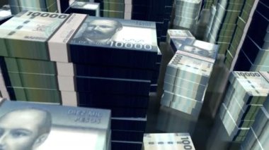 Şili Pezosu para paketleri döngüsü. CLP banknotları üzerinde 3D uçuş kuleleri istifler. Döngüsüz, soyut iş dünyası, ekonomi krizi ve finans kavramı.