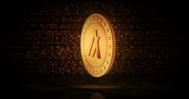 Algorand, çevrilebilir dijital arka planda Algo kripto altın sikkesi. Üç boyutlu kusursuz döngü konsepti. Dönen altın metal döngüsü soyut animasyon.