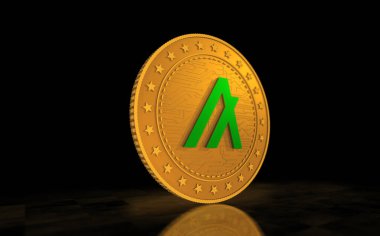 Algorand Algo kripto para birimi sembolü yeşil ekranda altın para. Soyut konsept 3d illüstrasyon.