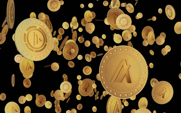 アルゴリズム緑の画面の背景に暗号通貨のシンボルゴールドコインをアルゴリズム アブストラクトコンセプト3Dイラスト — ストック写真