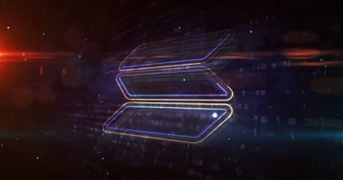 Solana neon levha konsepti, SOL kripto para birimi jetonu, engelleme zinciri para birimi, fintech ve iş teknolojisi. Fütürist soyut 3D canlandırma.