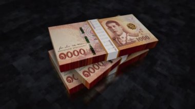 Tayland Baht para yığını. Tayland 'da ekonomi, bankacılık, iş, kriz, durgunluk, borç ve finans konuları kavramı. 1000 THB banknotları animasyonu desteler.