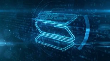 Solana neon levha konsepti, SOL kripto para birimi jetonu, engelleme zinciri para birimi, fintech ve iş teknolojisi. 3D soyut animasyon. Fütürist dijital arkaplan.