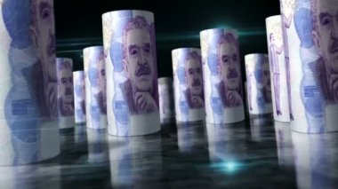Kolombiya pesoları 3D döngü animasyonu yapıyor. Masada para var. Kusursuz ve döngüsüz soyut ekonomi, finans, iş ve durgunluk kavramı. COP banknotları arasındaki kamera kaydı.