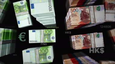 Euro ve Hong Kong Dolar değişimi. Kağıt banknotlar tomar tomar. Ticaret, ekonomi, rekabet, kriz, çatışma, rekabet ve finans kavramı. Döngüsüz 3D canlandırma notaları.