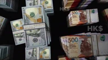 Amerikan Doları ve Hong Kong Dolar değişimi. Banknotlar tomar tomar. Ticaret, ekonomi, rekabet, kriz, çatışma, rekabet ve finans kavramı. Döngüsüz 3D notalar.
