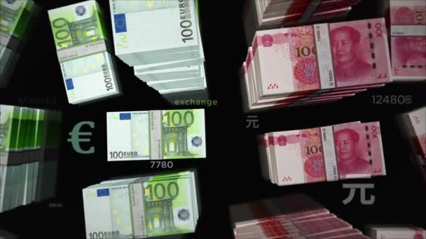 Euro Čínský Jüan Renminbi Směny Peněz Papírové Bankovky Balí Balík — Stock video