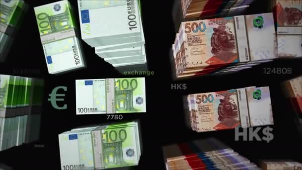 Euró Hongkongi Dollár Pénzváltás Papírbankjegyek Csomagja Kereskedelem Gazdaság Verseny Válság — Stock videók