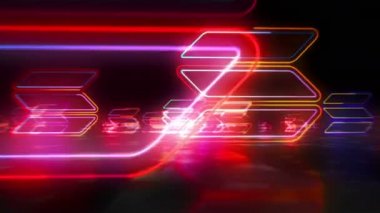 Solana neon levha konsepti, SOL kripto para birimi jetonu, engelleme zinciri para birimi, fintech ve iş teknolojisi. İşaretler arasında döngü uçuşu. Gelecekçi uzay soyut 3d biçimlendirilebilir dikişsiz döngü.