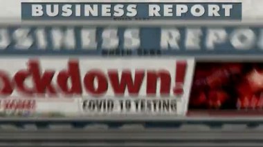 COVID-19, Coronavirus salgınında kapalı ekonomi ve iş krizi günlük gazete raporu basımı. Soyut konsept retro 3d renklendirme kusursuz döngülü animasyon.