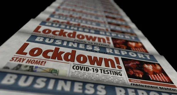 コロナウイルスのパンデミックにおけるCovid 19の封鎖 閉鎖された経済とビジネス危機 新聞印刷 ヴィンテージプレス抽象的なコンセプト レトロ3Dレンダリングイラスト — ストック写真