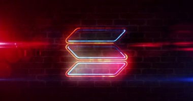 Solana neon levha konsepti, SOL kripto para birimi jetonu, engelleme zinciri para birimi, tuğla duvar döngüsü üzerine fintech ve iş teknolojisi metni. 3d görüntüleme döngüsü ve kusursuz soyut canlandırma.