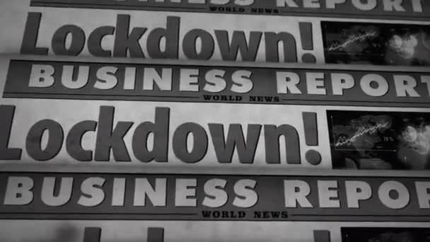 コロナウイルス流行のニュースでCovid 閉鎖された経済およびビジネス危機をロックダウンします ヴィンテージ新聞印刷抽象的なコンセプト レトロ3D黒と白のアニメーション — ストック動画