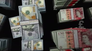 Amerikan Doları ve Sterling para değişimi. Banknotlar tomar tomar. Ticaret, ekonomi, rekabet, kriz, çatışma, rekabet ve finans kavramı. Döngüsüz 3D notalar.