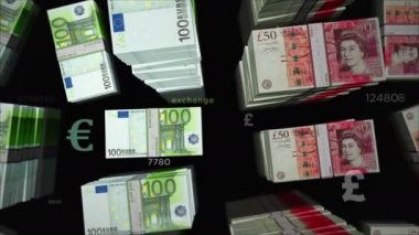 Euro ve Sterling para değişimi. Kağıt banknotlar tomar tomar. Ticaret, ekonomi, rekabet, kriz, çatışma, rekabet ve finans kavramı. Döngüsüz 3D canlandırma notaları.