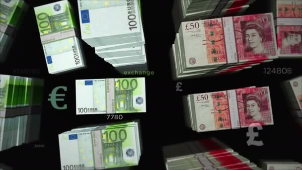 ユーロとポンドの両替 紙幣パックバンドル 競争と金融の概念 ノートループ可能なシームレス3Dアニメーション — ストック動画