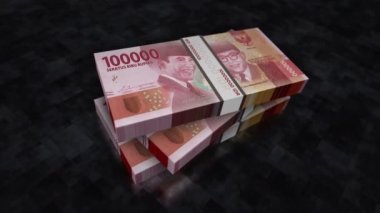 Endonezya Rupiah para yığını. Endonezya 'da ekonomi, bankacılık, iş, kriz, durgunluk, borç ve finans konularının konsepti. 100.000 IDR banknotları animasyonu desteler.