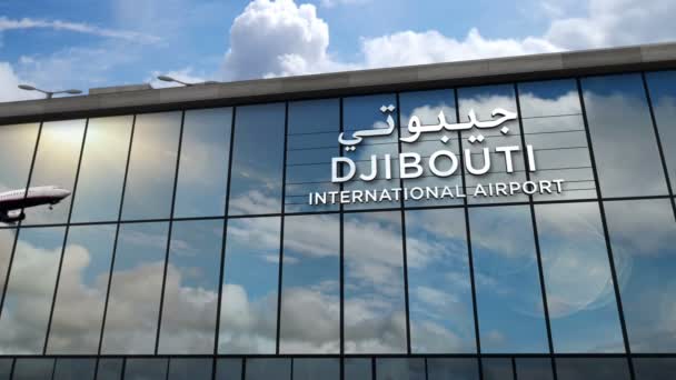Avião Jacto Aterrar Djibuti Jibuti Chegada Cidade Com Sinal Direção — Vídeo de Stock