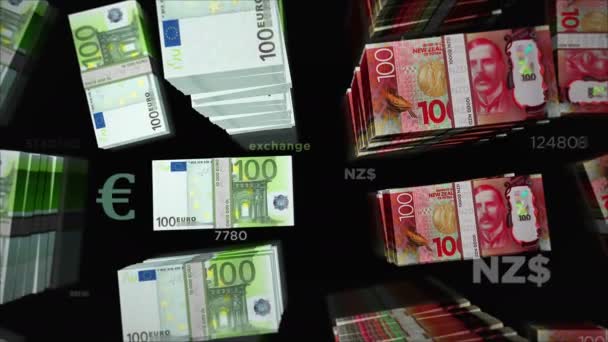 ユーロとニュージーランドドルの両替 紙幣パックバンドル 競争と金融の概念 ノートループ可能なシームレス3Dアニメーション — ストック動画