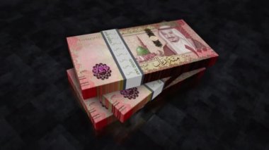 Suudi Arabistan Riyal para yığını. Ekonomi, bankacılık, iş, kriz, durgunluk, borç ve finans konularının kavramı. 100 SAR banknotları animasyon dizer.