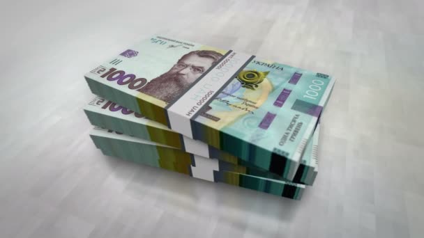 Ukrainian Hryvnia Money Pile Pack ウクライナの経済 ビジネス 債務と金融の概念背景 1000 Uah紙幣は3Dアニメーションをスタック — ストック動画