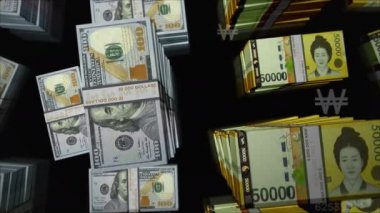 Amerikan Doları ve Güney Kore para değişimi kazandı. Banknotlar tomar tomar. Ticaret, ekonomi, rekabet, kriz, çatışma, rekabet ve finans kavramı. Döngüsüz 3D notalar.