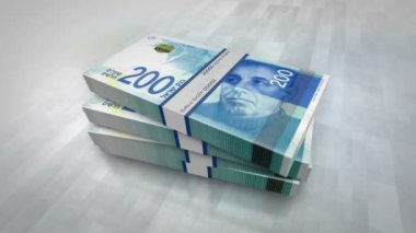 İsrail şekeli para yığını. Ekonomi, bankacılık, iş, kriz, durgunluk, borç ve finans konularının kavramını İsrail 'de kabul edin. 200 NIS banknotları 3D animasyon yığınları.