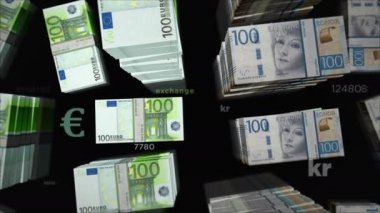 Euro ve İsveç Krona para değişimi. Kağıt banknotlar tomar tomar. Ticaret, ekonomi, rekabet, kriz, çatışma, rekabet ve finans kavramı. Döngüsüz 3D canlandırma notaları.