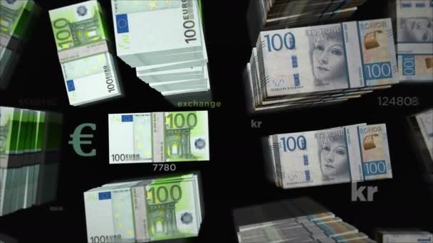 ユーロとスウェーデンクローナの両替 紙幣パックバンドル 競争と金融の概念 ノートループ可能なシームレス3Dアニメーション — ストック動画