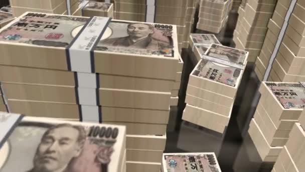 日本円紙幣パックループ 円紙幣の上の3Dフライトは塔を積みます ビジネス 経済危機 金融のループ可能なシームレスな抽象的背景概念 — ストック動画