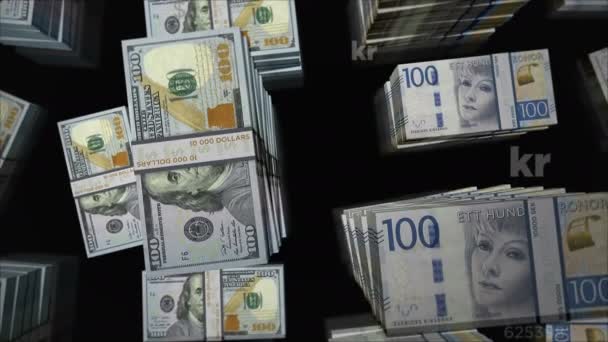 米ドルとスウェーデンクローナの両替 銀行券パックバンドル 競争と金融の概念 ノートループ可能なシームレス3D — ストック動画
