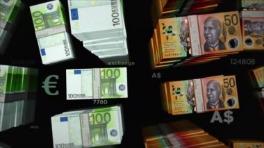 Euro ve Avustralya Doları değişimi. Kağıt banknotlar tomar tomar. Ticaret, ekonomi, rekabet, kriz, çatışma, rekabet ve finans kavramı. Döngüsüz 3D canlandırma notaları.