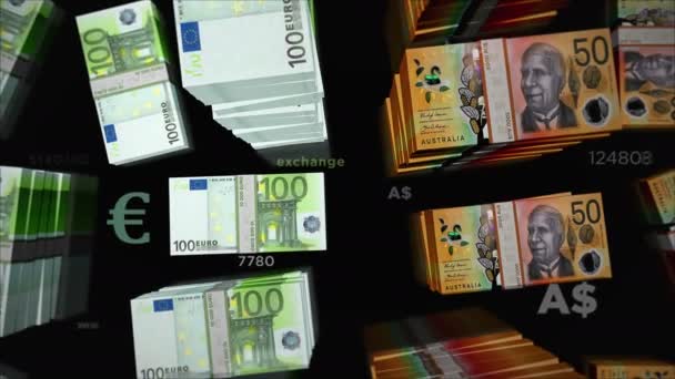 Euro Dólar Austrália Troca Moeda Pacote Notas Papel Conceito Comércio — Vídeo de Stock